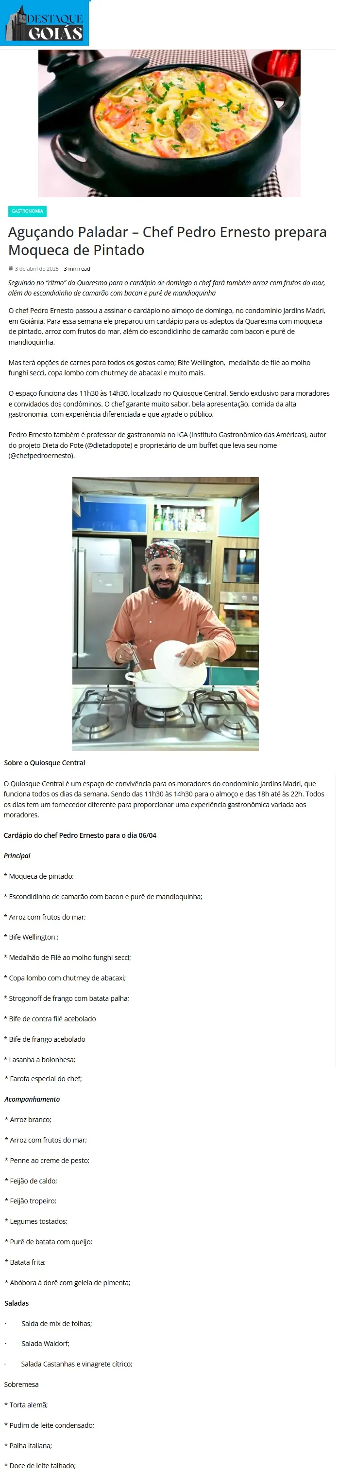 Matéria Destaque Goiás sobre o Chef Pedro Ernesto