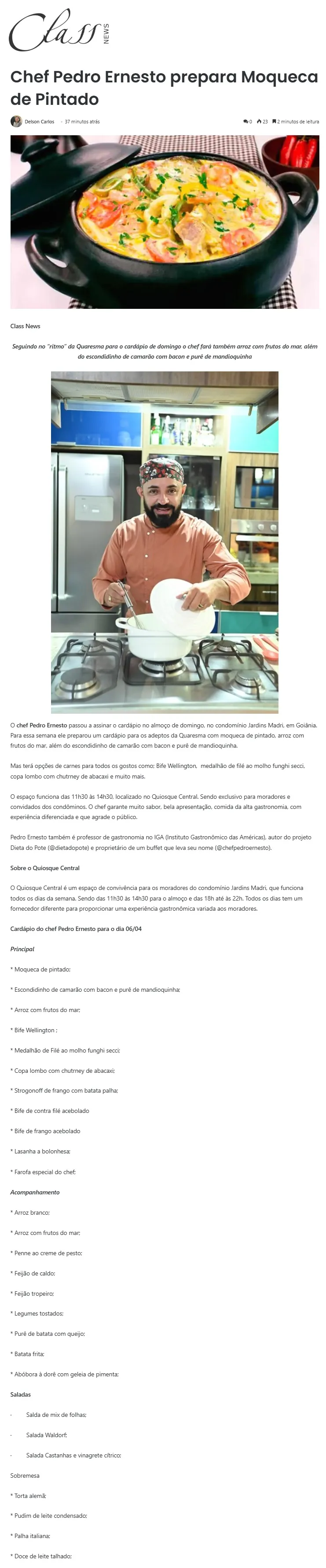 Matéria Class News sobre o Chef Pedro Ernesto