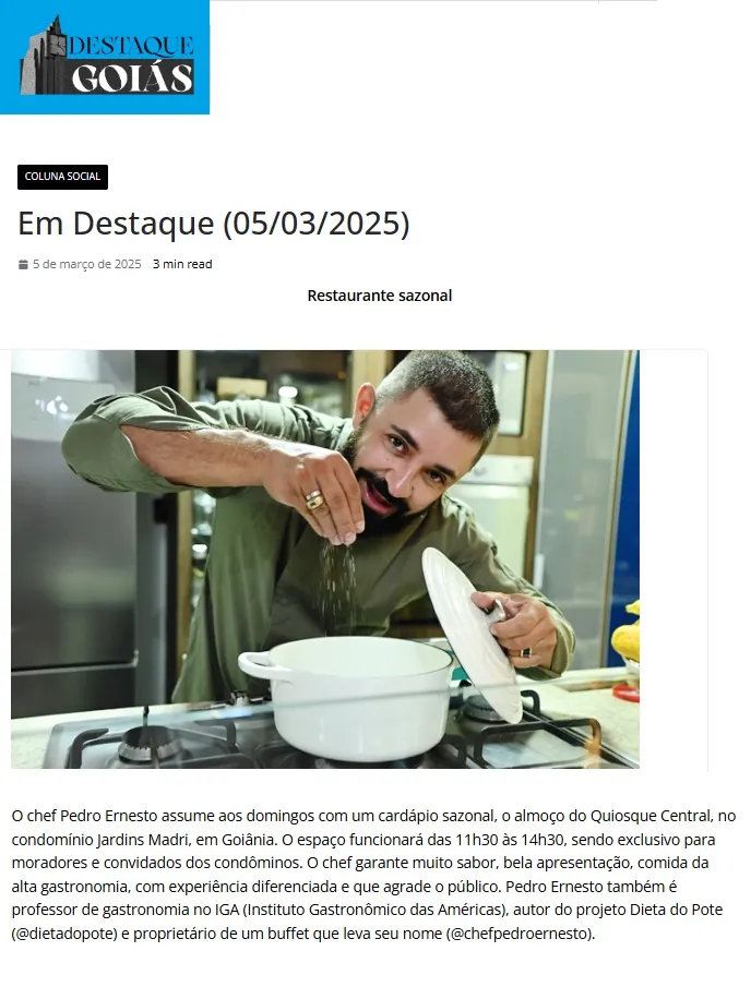Matéria Destaque Goiás sobre o Chef Pedro Ernesto