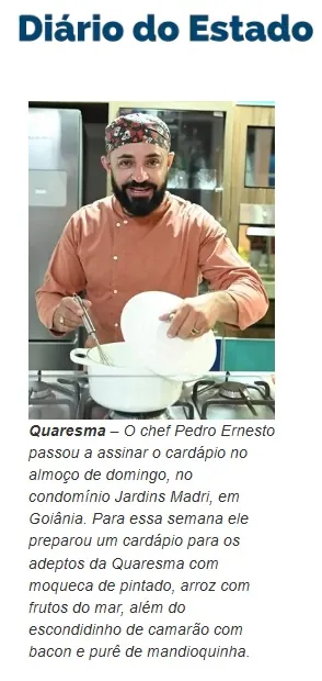 Matéria Diário do Estado sobre o Chef Pedro Ernesto