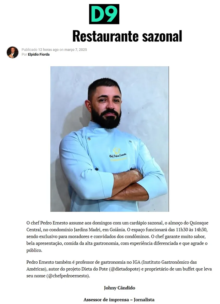 Matéria D9 sobre o Chef Pedro Ernesto