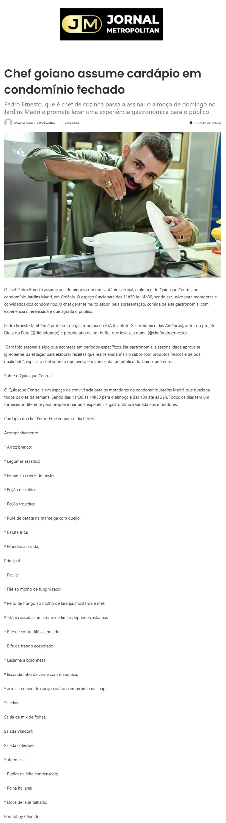 Matéria Jornal Metropolitan sobre o Chef Pedro Ernesto