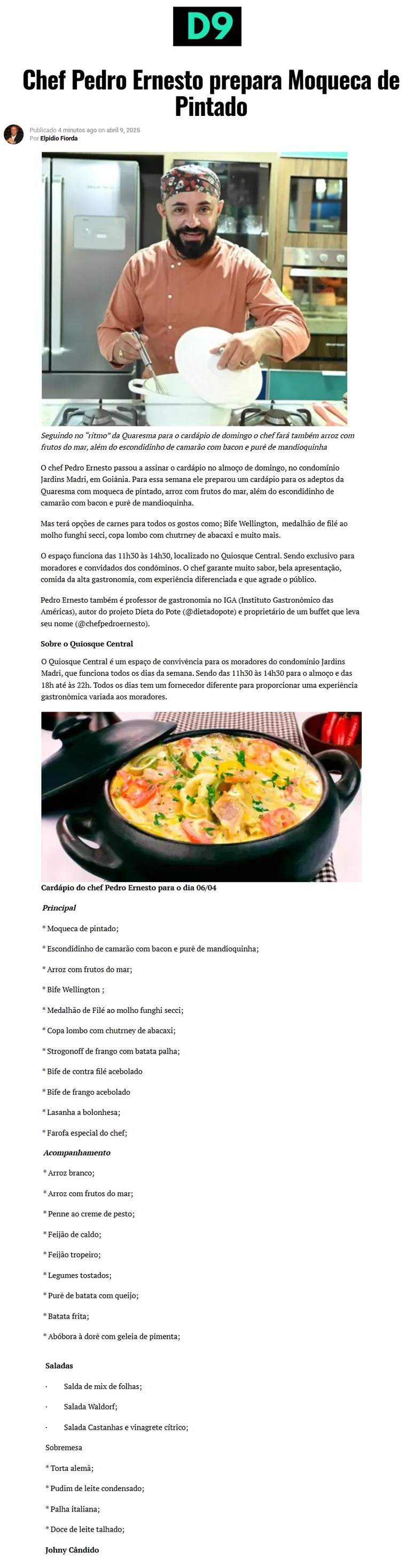 Matéria D9 sobre o Chef Pedro Ernesto