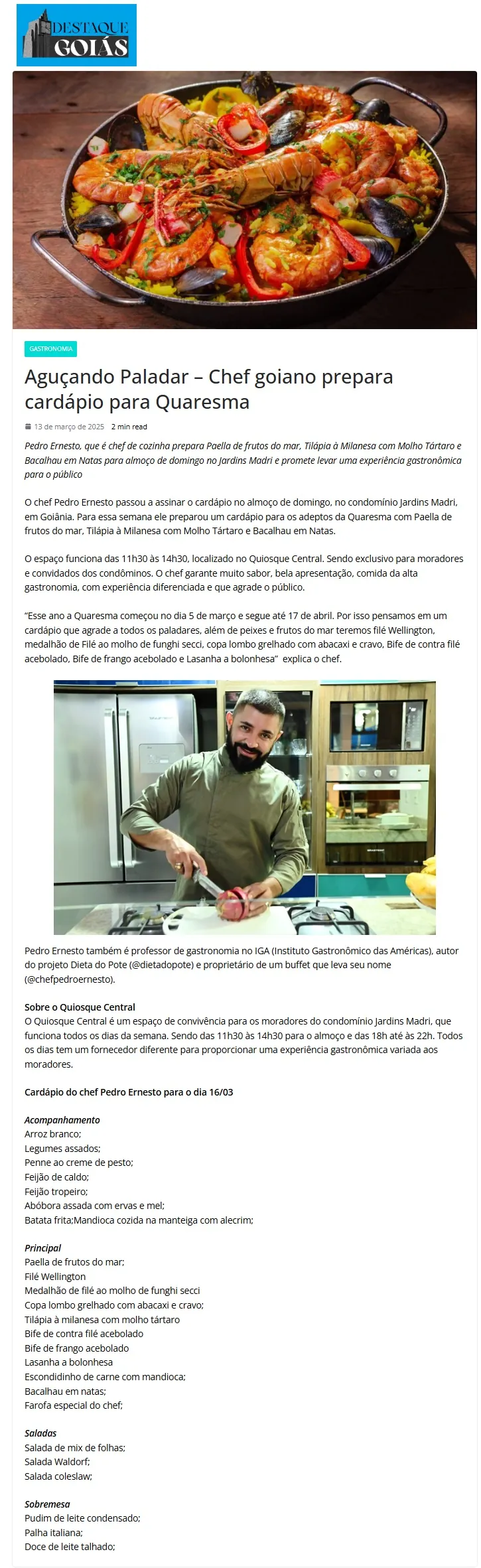 Matéria Destaque Goiás sobre o Chef Pedro Ernesto