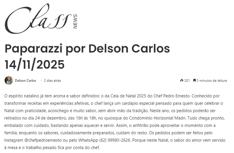 Matéria Class News sobre o Chef Pedro Ernesto