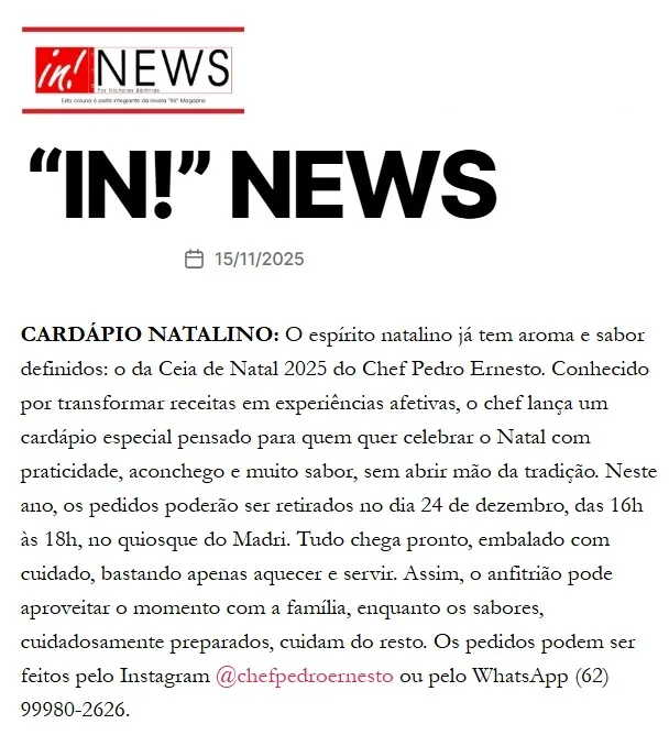 Matéria In News sobre o Chef Pedro Ernesto